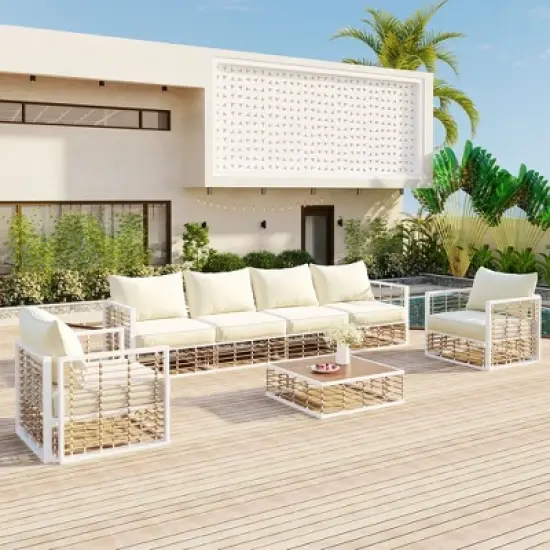 FIONECA Modern Minimalist 7-Piece Metal Patio Sectional Sofa Set with Thick Cushions & Coffee Table &uml;C White, Indoor & Outdoor image {16}