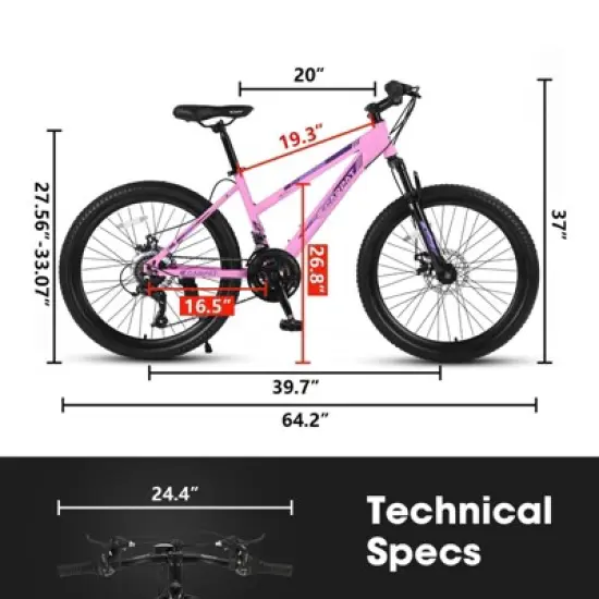 NAYSAYE Bicycle 24 Inch Mountain Bike with 21 Speed Shifter Dual Disc Brakes for Teenagers and Women, Pink, 66"*24.8"*35" image {4}