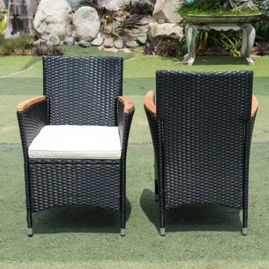 FIONECA 7-Piece Outdoor Patio Wicker Dining Set with Acacia Wood Tabletop and Chairs, All-Weather Rattan Furniture image {4}