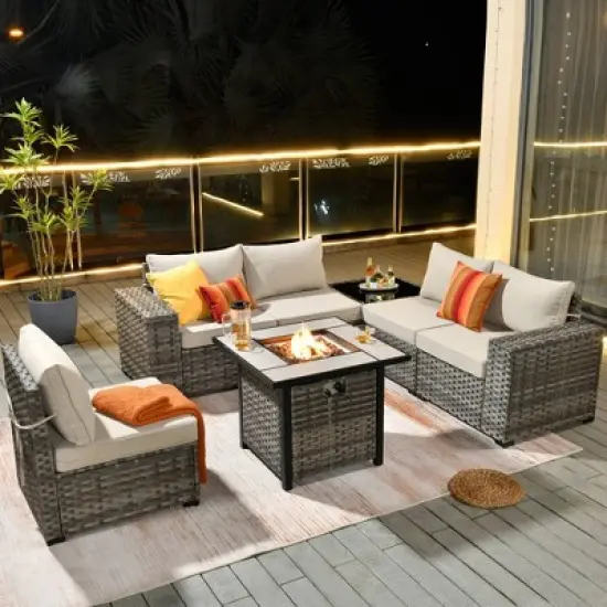 Marlton 7pc Wicker Outdoor Patio Furniture Set Conversation Sofa Set with a Fire Pit and Cushions image {13}