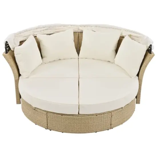 57" Outdoor Patio PE Rattan Round Daybed Sunbed with Retractable Canopy and 4 Pillows image {14}