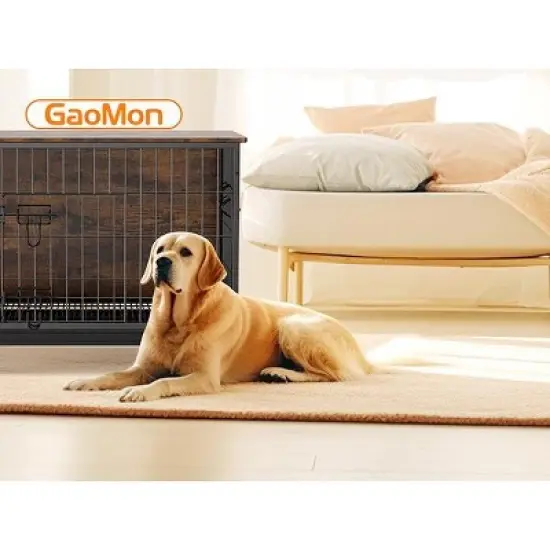 Dog Crate Furniture for Large Dogs - 38.6" Wooden Dog Kennel with Double Doors, Removable Tray, Wheels & Side End Table image {3}