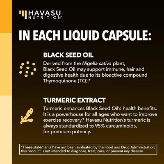 Black Seed Oil Capsules + Turmeric Curcumin Supplement 95% Curcuminoids, Immune & Digestive Health Support, Havasu Nutrition, 60ct image {3}