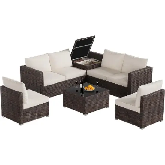 Garvee 8 Pieces Outdoor Patio Furniture Set with Storage, 4 Inch Cushions Outdoor Wicker Rattan Patio Furniture Sectional Set with Glass Table, Brown image {3}