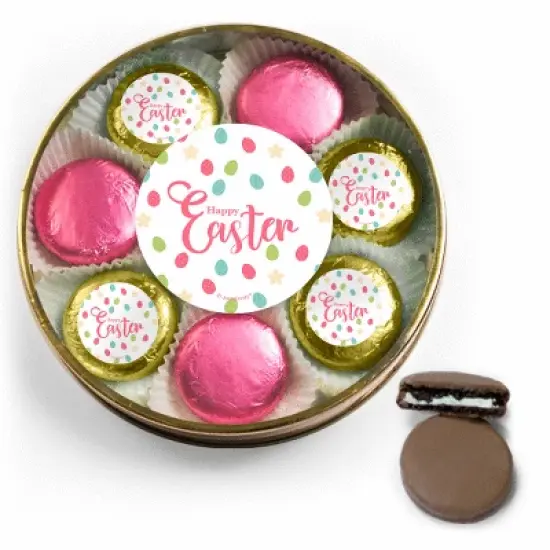 Easter Candy Gift Tin with Chocolate Covered OREO Cookies Large Gold Plastic Tin with Sticker - Eggs Design - By Just Candy image {1}