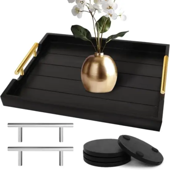 Attop Coffee Table Tray Set - Large Ottoman Tray with Handles Wood Serving Tray (2 Sets) with 4 Round Coasters Black image {5}