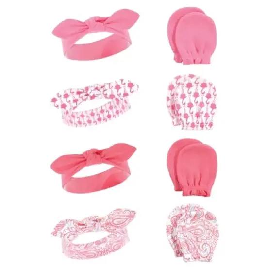 Hudson Baby Infant Girl 16Pc Headband and Scratch Mitten Set, Flamingo, 0-6 Months image {1}