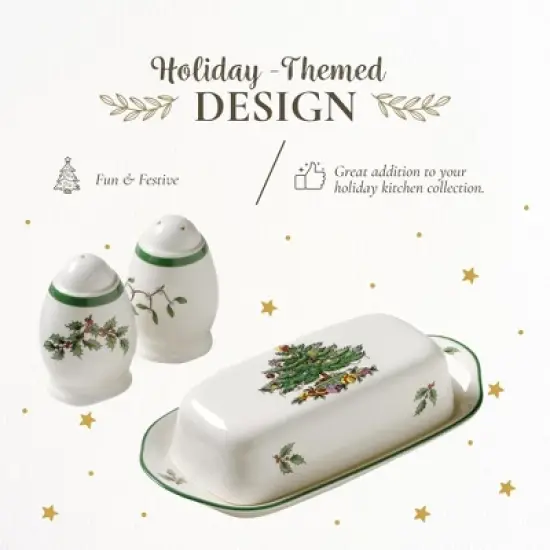 Spode Christmas Tree 3-Piece Hostess Set - Butter Dish with Lid, Salt Shaker, Pepper Shaker  - Dishwasher Safe Collectible Gift Set image {2}