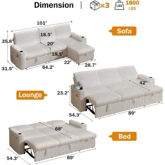 Vipbear 101" Sectional Sleeper Sofa Bed, Pull-Out Bed, Reclining Backrest, Reversible Storage Chaise, USB Ports & Cup Holders image {1}
