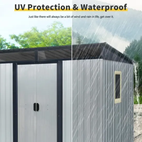 93.75"8 ft x 6 ft Outdoor Metal Storage Shed with Window and Transparent plate for Garden, Lawn (White and Black) image {2}