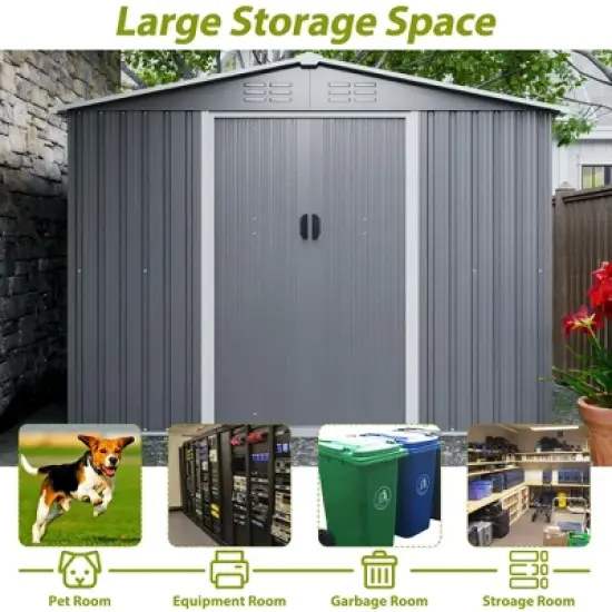 Gulches 8x6 FT Outdoor Tool Storage Shed with Metal Foundation & Lockable Doors,  All Weather Metal Sheds for Garden, Patio, Backyard, Lawn, Gray image {7}
