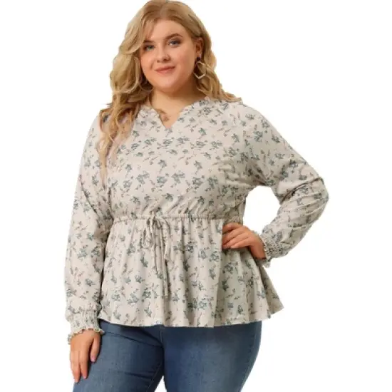 Agnes Orinda Women's Plus Size Floral Ruffle Neck Drawstring Waist Long Sleeve Peplum Tops image {3}