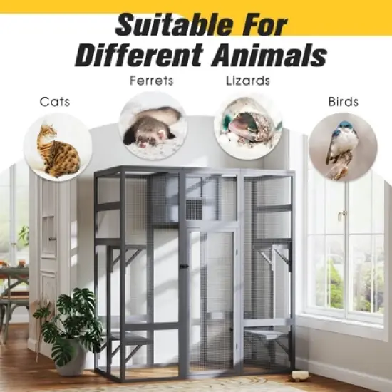 Sandinrayli Extra Large Cat Catio - 4-Way Pet Door, Outdoor Wood Insulation Condo, Patio Window Attach w/Weatherproof PVC Cover (Gray) image {2}