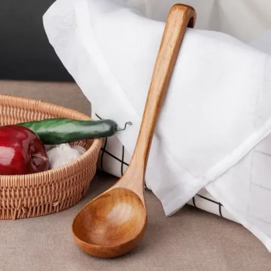 Unique Bargains Natural Grain Home Kitchen Brown Soup Spoon 11" Length 1 Pc image {1}