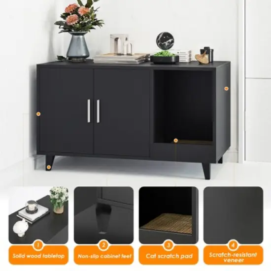 ORRD  Hidden Cat Litter Box Enclosure Furniture with Scratching Mat - Odor Control & Scratch-Resistant Cabinet,White image {4}