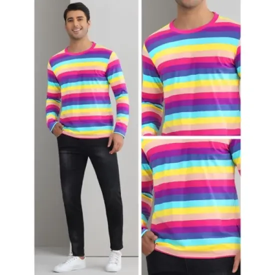 Lars Amadeus Men's Crew Neck Long Sleeves Casual Pullover Rainbow Striped T-Shirt image {4}