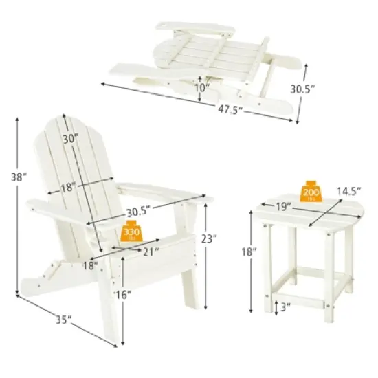 Tangkula Patio 3PCS Adirondack Chair Side Table Set Outdoor Chair Set with End Table Weather Resistant Cup Holder for Backyard Garden White image {6}