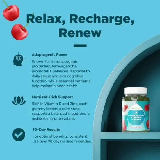 Calming Ashwagandha Gummies with Zinc & VIT D for Adults, Tasty Adaptogen Stress Gummies for Energy & Mood Support, Cherry Flavor, Phytoral, 60ct image {4}