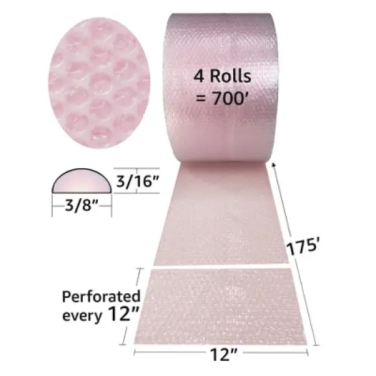 UOFFICE 4 Rolls Pink Anti-Static Bubble Rolls 175'x12" - Small Bubbles 3/16"- 700' Total image {1}