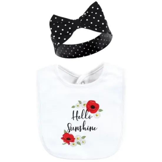 Hudson Baby Infant Girl Cotton Bib and Headband or Caps Set, Poppy Daisy, One Size image {2}