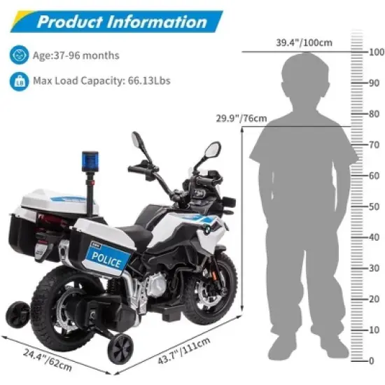 12V Kids Ride On Police Motorcycle, Licensed BMW Police Motorbike with High/Low Variable Speed,Built-In Music,USB,Warning, Lights, Spring Suspension image {3}