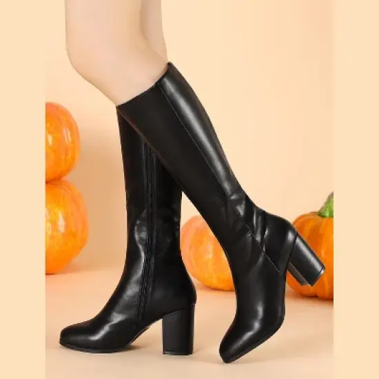 Allegra K Women's Round Toe Block Heels Knee High Boots image {1}