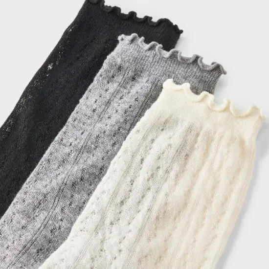 Women's Lettuce Edge Pointelle 3pk Crew Socks - A New Day&trade; Ivory/Gray/Black 4-10 image {2}