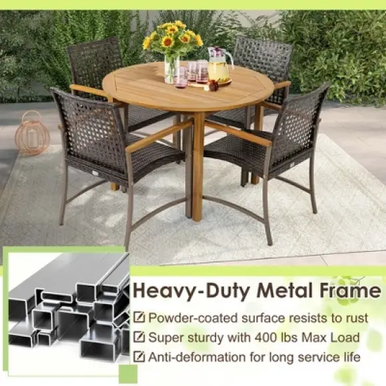 Costway Set of 4 Patio Dining Chairs Outdoor Wicker Armchairs with Acacia Wood Armrests image {4}