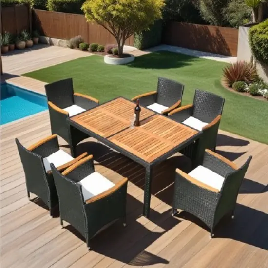 YOOCOZZ 7-Piece Outdoor PE Rattan Dining Set with Acacia Wood Handrail and Tabletop - Black+Cream image {1}