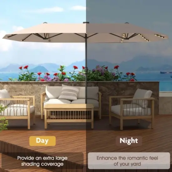 Costway 13 FT Large Patio Umbrella with LED Solar Lights Crank Handle 12 Heavy-Duty Ribs Beige/Brown/Gray/Navy/Orange/Wine image {8}