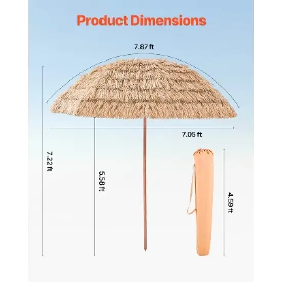 VEVOR Tiki Umbrella, 8 ft Thatched Patio Umbrella with Tilt, Hawaiian Style Beach Parasol with Durable PP Thatch and 8 Metal Ribs, Oringinal Color image {7}