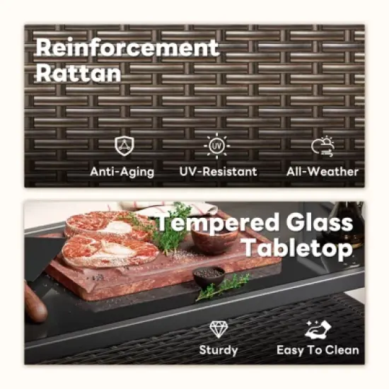 Buenhomino Patio Bar Table,Outdoor Kitchen Island with Glass Top,Rattan Patio Storage Cabinet with Wheels,Bar Cart for Poolside and Backyard image {7}