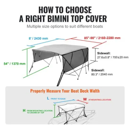 VEVOR 4 Bow Bimini Top Boat Cover, Detachable Mesh Sidewalls, 600D Polyester Canopy with 1" Aluminum Alloy Frame image {6}