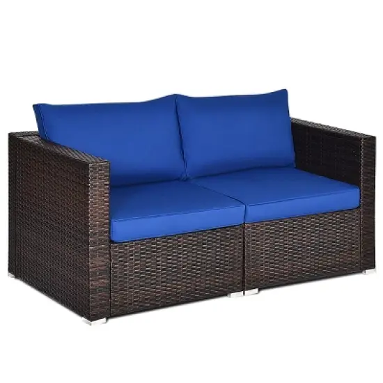 Tangkula 2-Piece Patio Wicker Corner Sofa Set Rattan Loveseat with Removable Cushions image {9}