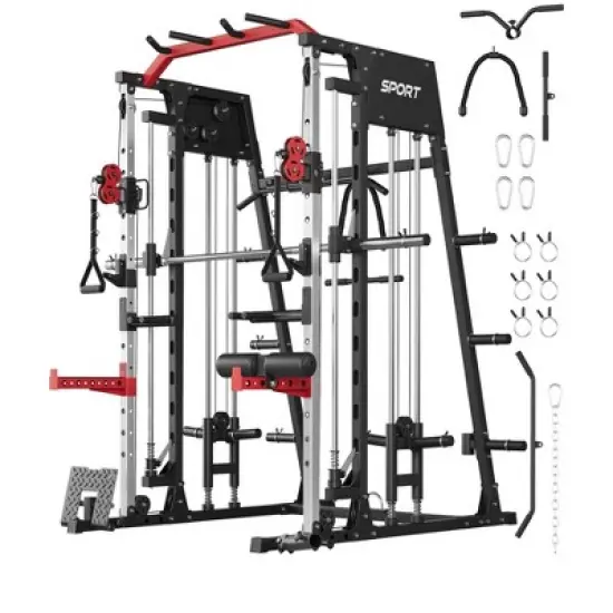 Smith Machine, 2200lbs Power Rack with Smith Bar, Cable Crossover Machine for Home Gym, Multifunctional Smith Machine with LAT Pulldown System image {9}