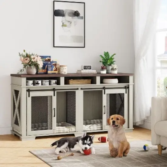 Dog Crate Furniture for 2 Dogs, 71" Double Kennel TV Stand with Divider and Barn Doors, Indoor Dog Cage image {6}