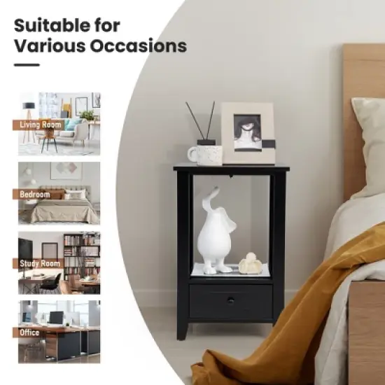 Costway Modern Nightstand with Bottom Drawer Storage Shelf Small Side End Table White\Black image {9}