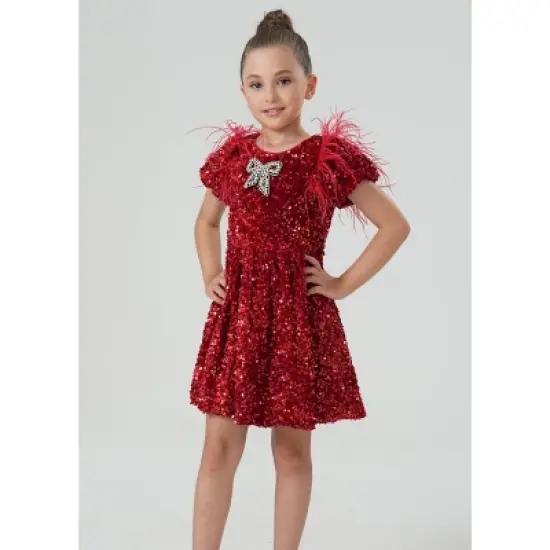 2Bunnies Girls' Christmas New Year Holiday Party Sequin Dress Feather Puff Sleeve image {4}