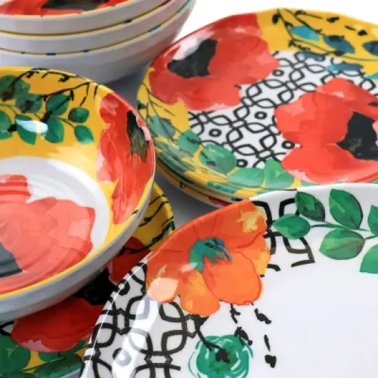 12pc Grace Melamine Dinnerware Set - Elama: Floral Botanical Dishes, Off-White, Service for 4, Dishwasher-Safe image {6}