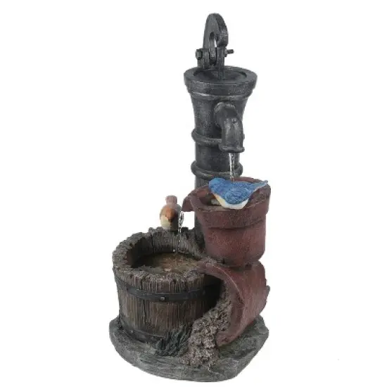 LuxenHome Resin Farmhouse Barrel and Water Pump Outdoor Fountain image {2}