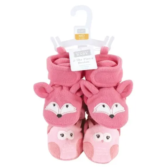 Hudson Baby Infant Girl Animal Fleece Booties 2-Pack, Pink Owl Fox image {1}