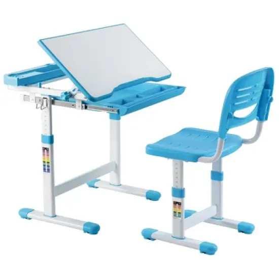 Mount-It! Kids Desk and Chair Set | Height Adjustable Ergonomic Children's School Workstation with Storage Drawer | Blue image {4}