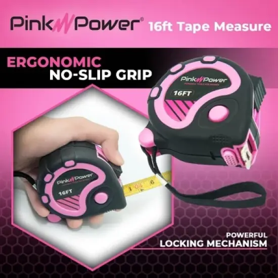Pink Power 16ft Pink Tape Measure - Measuring Tape for Women's Tool Kit with Retractable Blade and Lock Button - Girls Lightweight Measurement Tool image {3}
