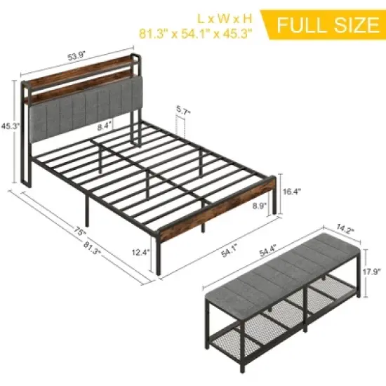 VECELO Full/Queen Upholstered Bed Frame with Storage End of Bed Bench, Platform Bed with Headboard & Charging Station, LED Lights, Gray image {1}