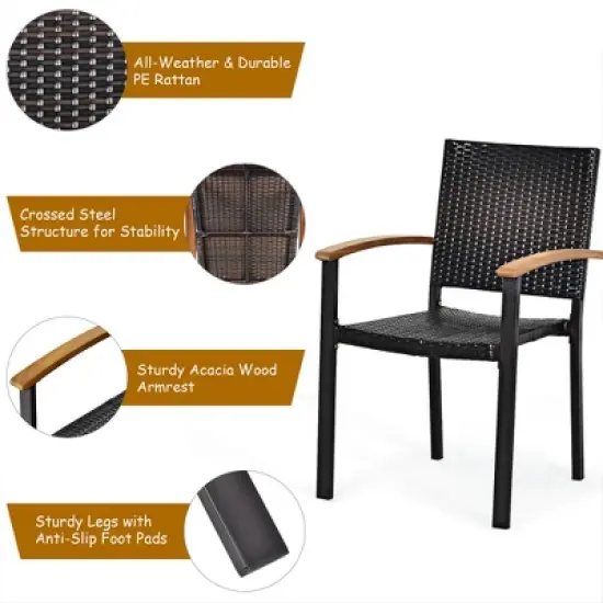 Costway 7 PCS Patio Rattan Dining Set Acacia Wood Table Top Stackable Chair image {7}