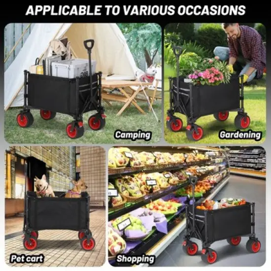 Garvee Foldable Wagon Cart with Big Wheels, Collapsible Utility Cart with Adjustable Handle, Side Pockets and Cup Holder for Shopping, Garden, Black image {6}