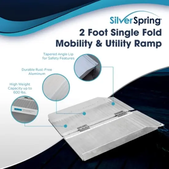 Silver Spring Mobility and Utility Ramp, 2 Foot Long Single Folding Textured Aluminum Surface, 600 lb Capacity with 2 Inch Side Rails, Silver image {5}