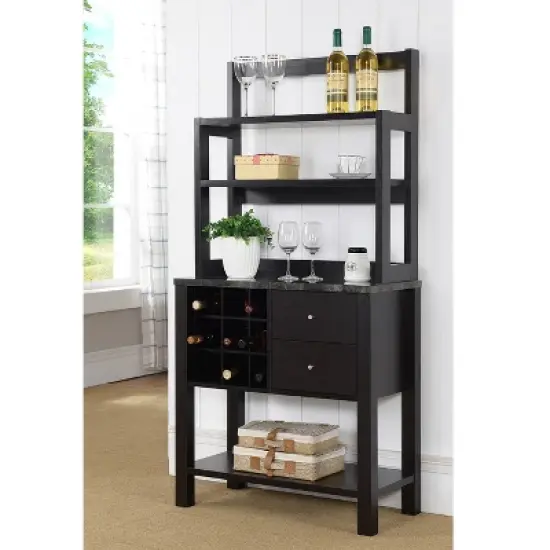 FC Design Two-Toned Baker's Rack Kitchen Utility Storage Cabinet with Wine Rack and Black Faux Marble Top in Red Cocoa Finish image {1}