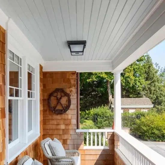 C Cattleya 2-Light Matte Black Motion Sensor Flush Mount Light with White Textured Glass image {3}