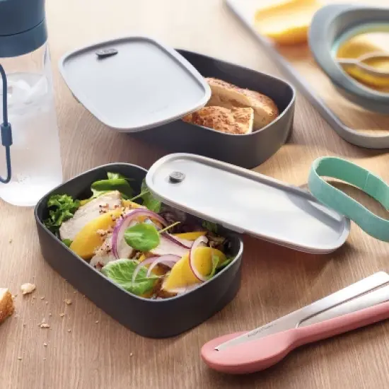 BergHOFF Leo 3Pc Dual Bento Box Set 1.7 Qt. with Strap, Gray & Mint image {2}